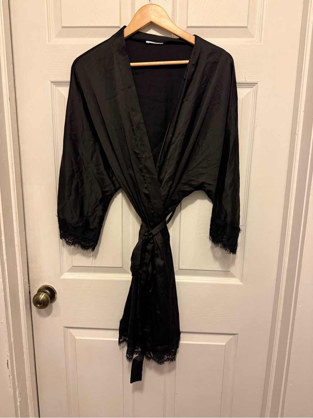 Hot Black Lace-Trim Satin Robe